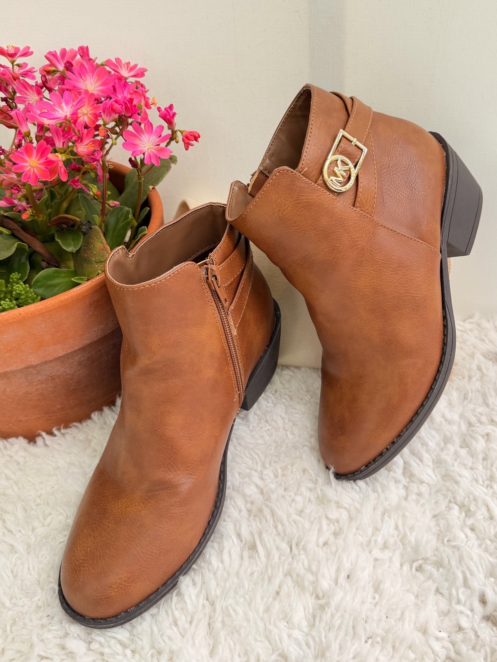Michael Kors Collection Tan Leather Ankle Booties with Gold Logo Buckle